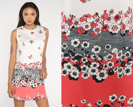60s Floral Shift Dress Mini Sleeveless White Print Medium
