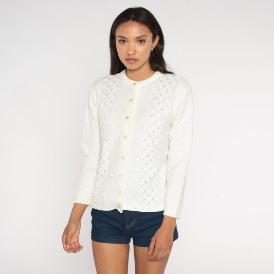 70s Pointelle Cardigan White Open Weave Button-Up Sweater Small S