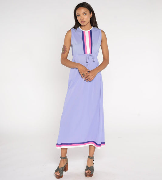 70s Lavender Nylon Slip Nightgown Striped High Waist Maxi Medium