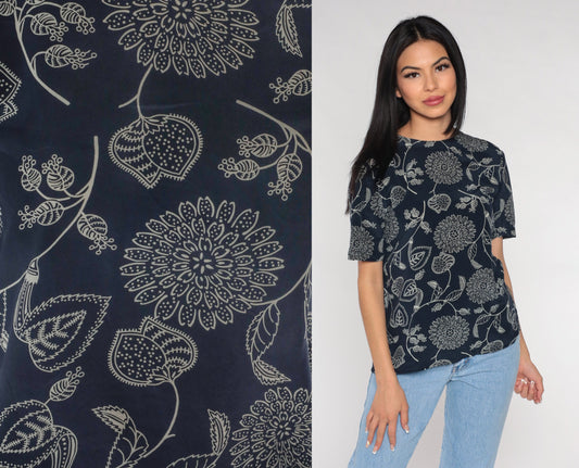 Y2K Navy Silk Blouse Floral Print Short Sleeve Button Back Small