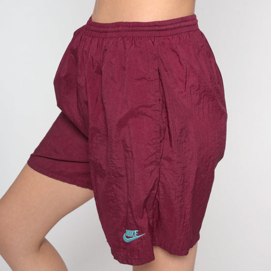 90s Nike Burgundy Nylon Swim Shorts High Rise Small S