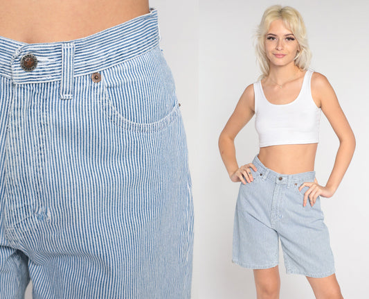 00s Faded Glory Striped Denim Shorts High Waisted Blue White Small