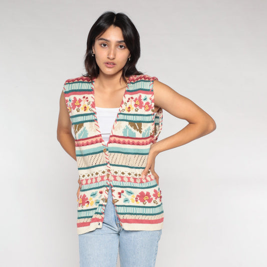 90s Striped Floral Sweater Vest Button-Up Knit White Pink Blue Large L