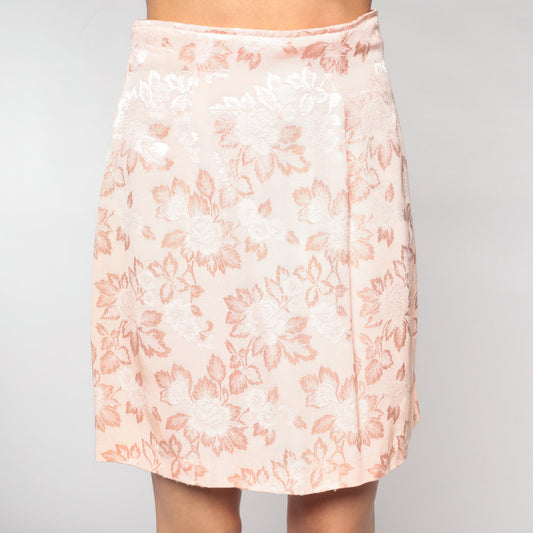 90s Light Pink Embossed Floral Pencil Mini Skirt High Waisted Slit Small