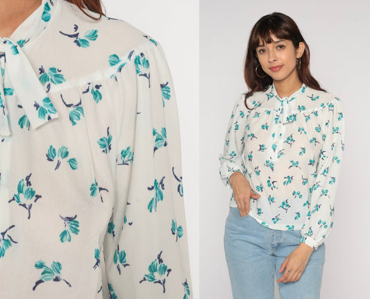 70s Floral Ascot Blouse White Blue Print Button-Up Long Sleeve Medium