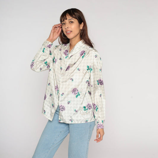 90s Houndstooth Floral Button-Up Blouse Long Sleeve White Grey Purple Medium