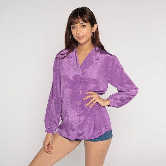 80s Purple Embossed Geometric Button-Up Blouse Long Sleeve Medium