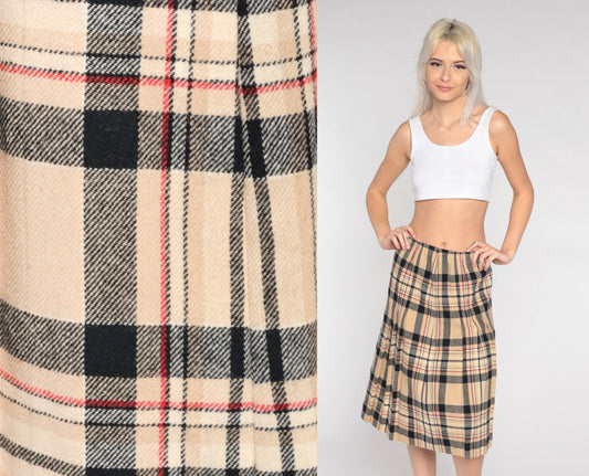 70s Young Pendleton Wool Midi Skirt Pleated Tan Plaid High Waist Small