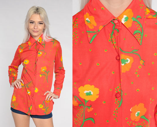 70s Red Poppy Floral Disco Shirt Dagger Collar Button Up Small