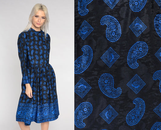 80s Black Blue Paisley Midi Dress Long Sleeve Mock Neck High Waisted Small