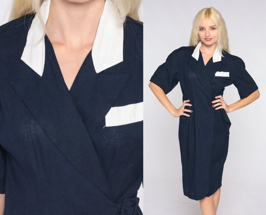 90s Navy Wrap Dress White Collar Mini Buckle Pencil Small
