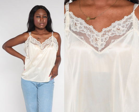 80s Off-White Nylon Lace Trim Camisole Tank Top Extra Large XL