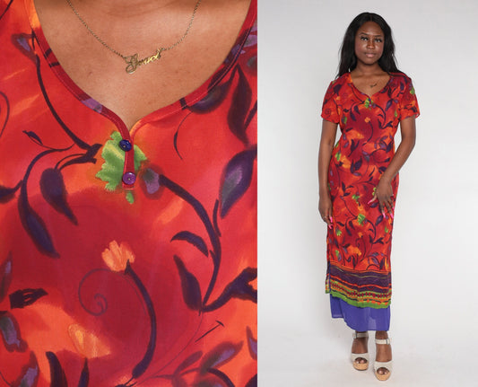 90s Red Floral Midi Dress Purple Layered Hem Short Sleeve Medium