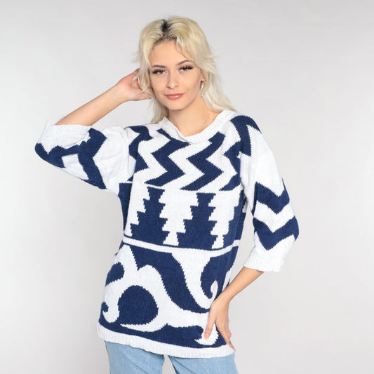 90s White Knit Sweater Navy Abstract Geometric Zig Zag Print 3/4 Sleeve Medium