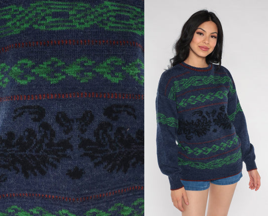 90s Blue Geometric Jacquard Wool Sweater Striped Crewneck Pullover Medium