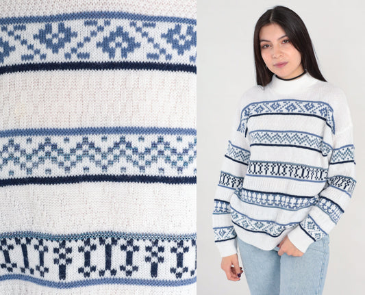 90s Striped Mock Neck Sweater White Blue Knit Pullover Medium M