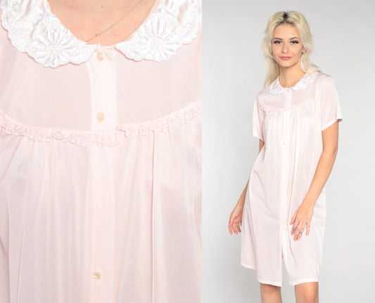 80s Pale Pink Floral Embroidered Nylon Nightgown Collared Mini Dress Medium M