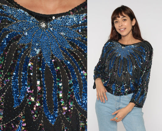 80s Black Sequin Beaded Blouse Blue Floral Dolman Sleeve Medium Large