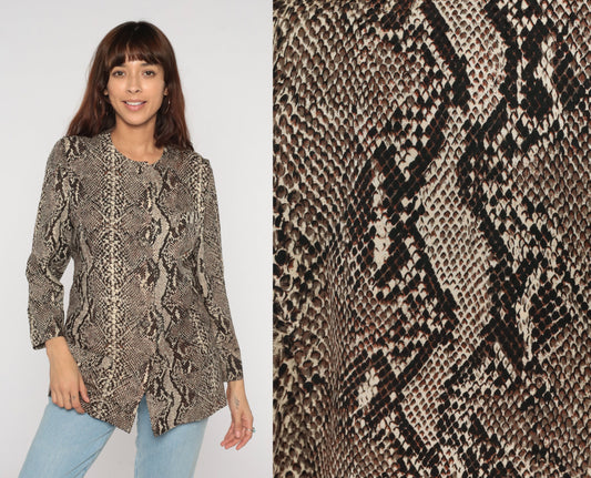 80s Flora Kung Silk Snakeskin Scale Print Blouse Brown Button Up Small