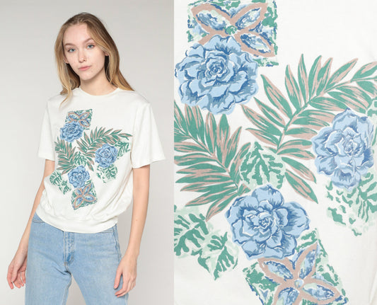 90s Floral Leaf Print T-Shirt White Banded Hem Graphic Tee Medium