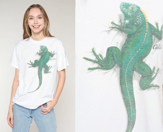 Y2K Costa Rica Iguana Graphic T-Shirt White Cotton Tee Medium