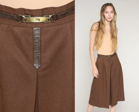 80s Brown Wool Blend Midi Skirt High Waist Pleated Side Zip Extra Small