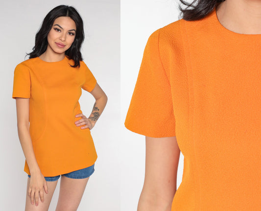 70s Orange Short Sleeve Shirt Rear Zipper Blouse Small