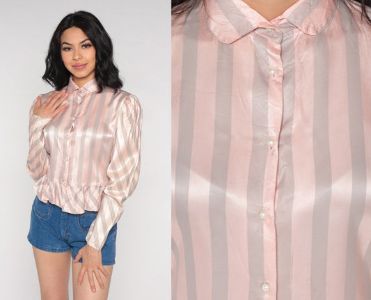 80s Striped Peplum Blouse Pink Grey Puff Sleeve Acetate Extra Small XS