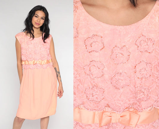 1960s Pink Lace Cocktail Dress Cap Sleeve High Waist Ribbon Bow Medium M