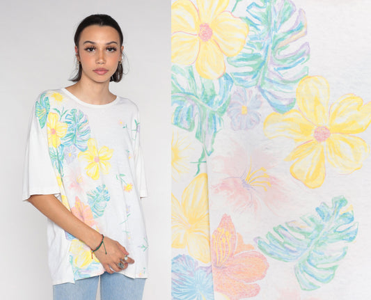 90s Painted Floral Monstera Leaf Graphic T-Shirt White Cotton Tee One Size