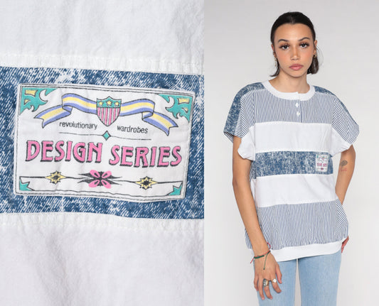 90s Henley Shirt White Blue Striped Cap Sleeve Banded Hem Large