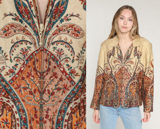Y2K Coldwater Creek Floral Embossed Jacket Tan Indian Print Zip-Up Extra Large XXL