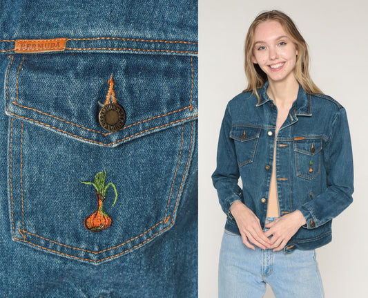 80s Blue Denim Jacket Embroidered Onion Chest Graphic Extra Small