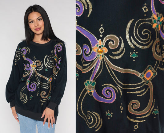 90s Black Sweatshirt Glitter Swirl Rhinestone Print Novelty Sweater Extra Large XXL