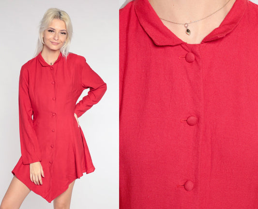 80s Red Rayon Twill Button-Up Mini Dress High-Low Hem Long Sleeve Medium