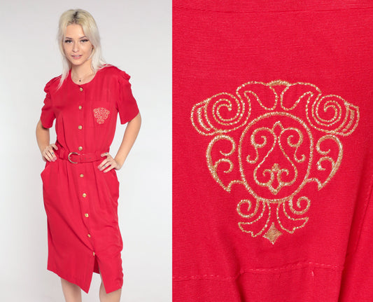 90s Red Midi Shirtdress Gold Crest Pocket Puff Sleeve Button Up Small