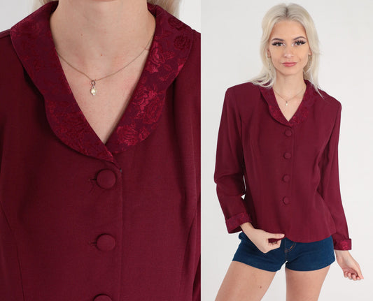 80s Dark Red Blazer Floral Embossed Button-Up Jacket Large 12