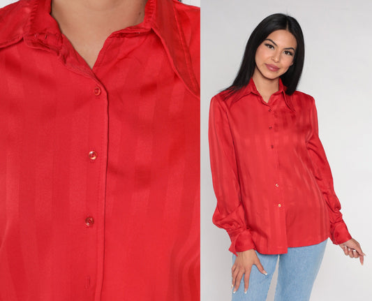 70s Red Striped Button-Up Blouse Dagger Collar Long Sleeve Medium