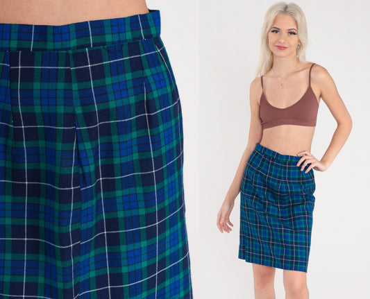 60s Navy Green Plaid Wool Skirt High Waisted Knee Length Small