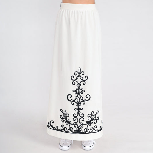 70s White Maxi Skirt Black Soutache Trim High Waist Column Extra Small