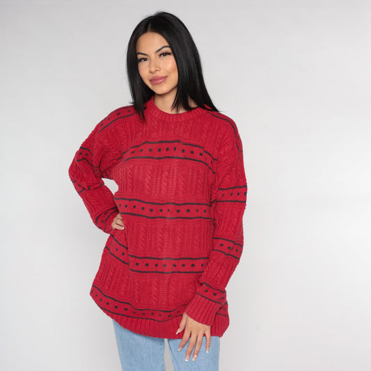 90s Red Cable Knit Sweater Black Geometric Square Crewneck Cotton Large L