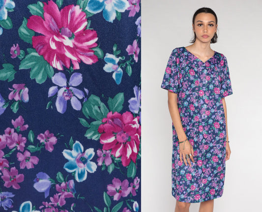 90s Purple Floral Tent Dress Mini Short Sleeve Lounge Dress XXL