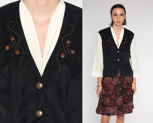 90s Layered Vest Dress White Floral Mini Button-Up Black Long Sleeve Medium