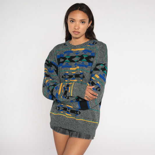 90s Southwestern Geometric Knit Sweater Grey Crewneck Pullover Extra Large