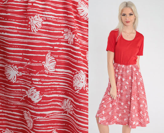 70s Red Floral Midi Dress High Waist Scoop Neck Short Sleeve Small Medium