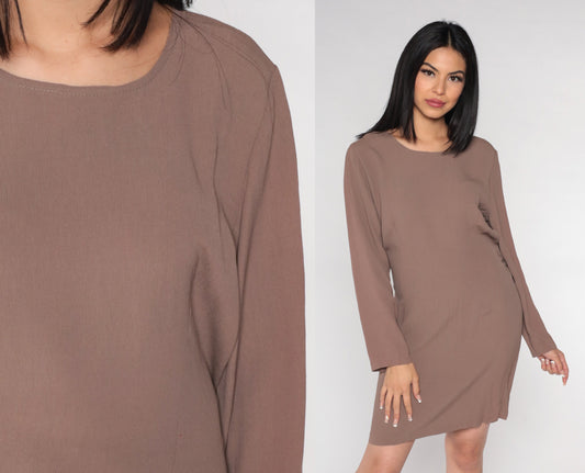 90s Brown Wrap Dress Long Sleeve Mini Shift Dress Medium