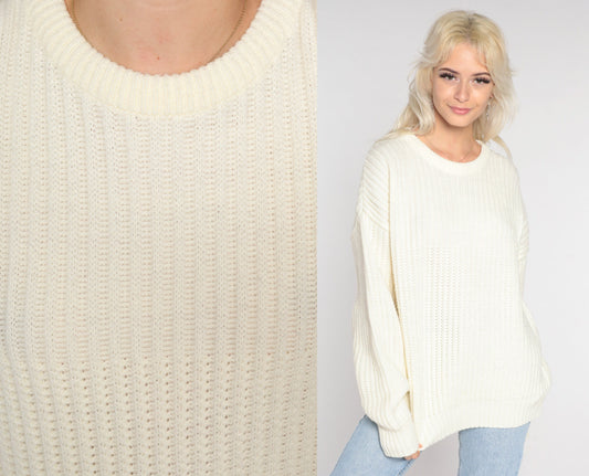 90s High Sierra Off-White Ribbed Knit Crewneck Pullover Sweater Large L