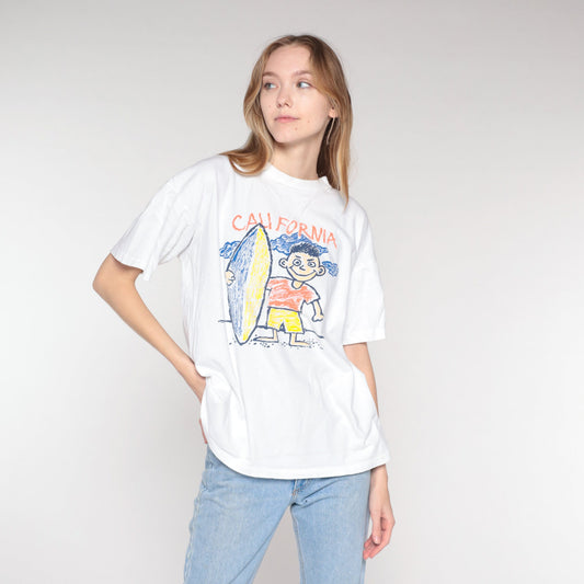 90s California Surfer Boy Graphic T-Shirt White Cotton Extra Large XL