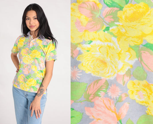 90s Floral Polo Shirt Yellow Flower Print Cotton Collared Small