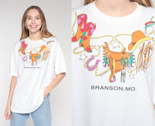90s Branson Missouri Western Graphic T-Shirt Cowboy Hat Boots Large